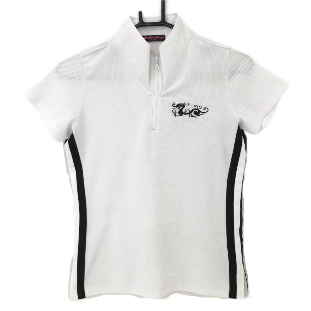 ダンスウィズドラゴン 半袖ハイネックシャツ 白×黒 ハーフジップ サイドライン レディース 2(M) ゴルフウェア Dance With Dragon