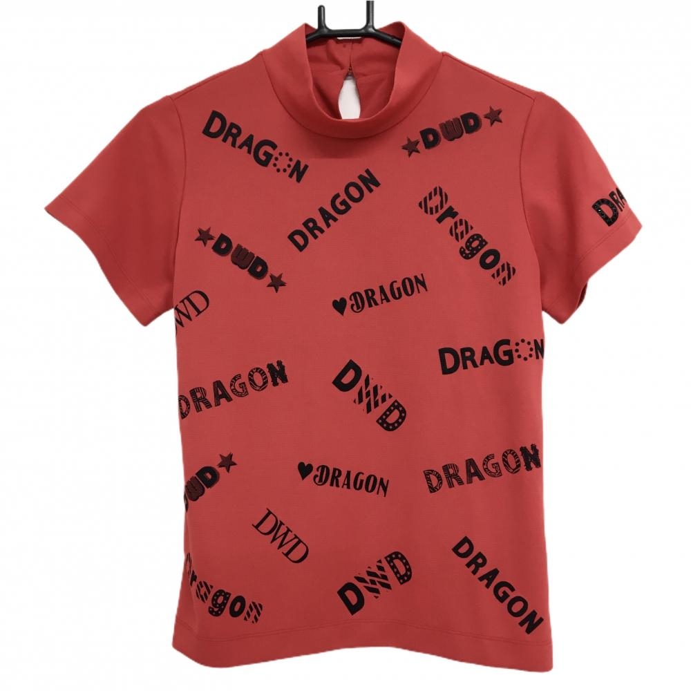 【美品】ダンスウィズドラゴン 半袖ハイネックシャツ レッド×黒 フロントロゴプリント  レディース 2(M) ゴルフウェア Dance With Dragon