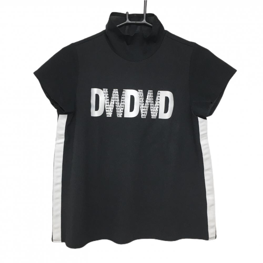 【美品】ダンスウィズドラゴン 半袖ハイネックシャツ 黒×シルバー フロントロゴ レディース 2(M) ゴルフウェア Dance With Dragon