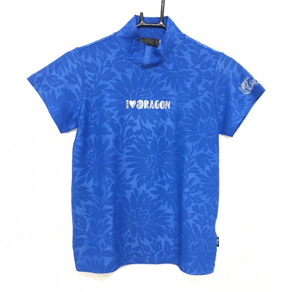 【超美品】ダンスウィズドラゴン 半袖ハイネックシャツ ブルー 花柄地模様 レディース 2(M) ゴルフウェア Dance With Dragon