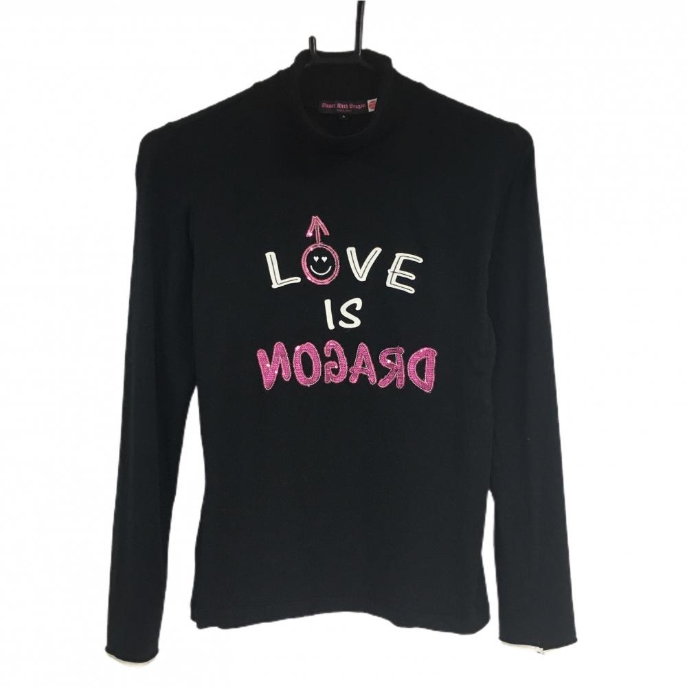 【美品】ダンスウィズドラゴン 長袖ハイネックシャツ 黒×ピンク スパンコール レディース 2(M) ゴルフウェア Dance With Dragon