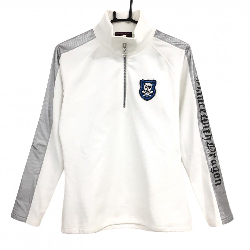 ダンスウィズドラゴン 長袖ハイネックシャツ 白×シルバー 袖ライン・ロゴ  レディース 3(L) ゴルフウェア Dance With Dragon