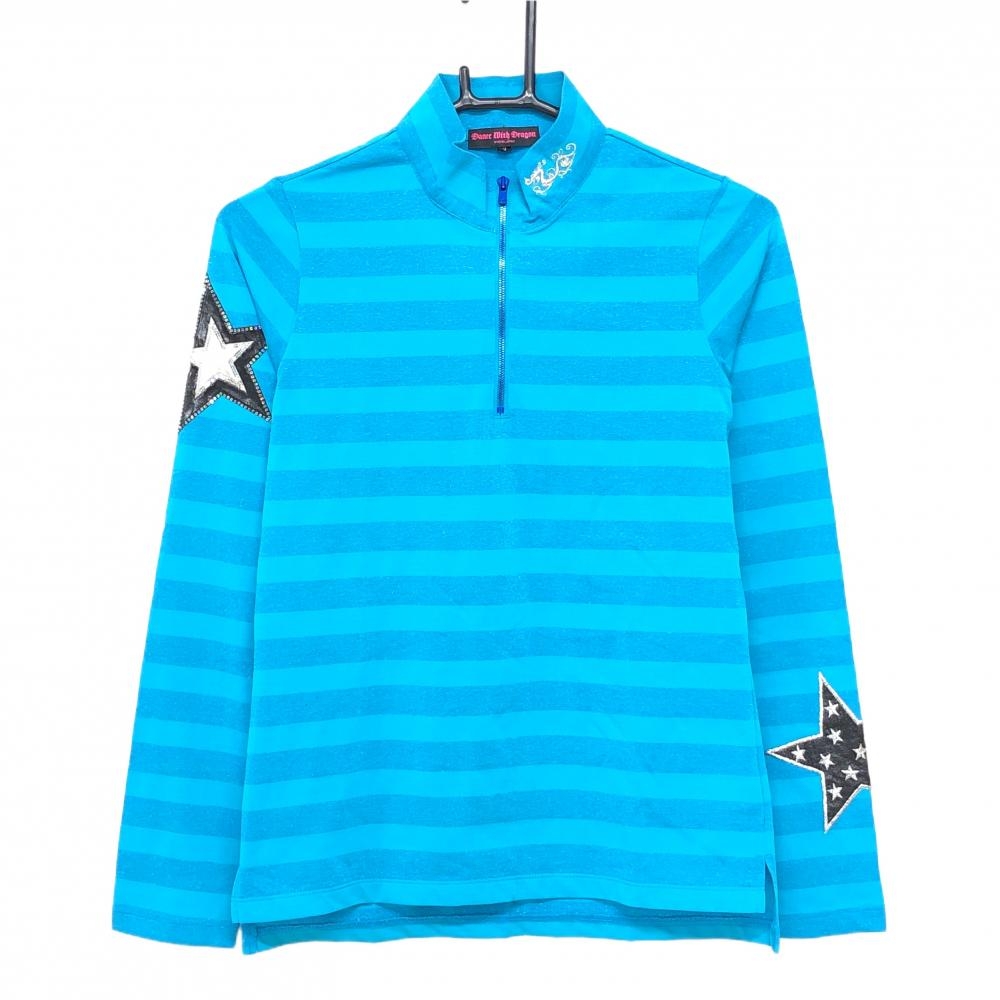 【超美品】ダンスウィズドラゴン 長袖ハイネックシャツ ターコイズブルー ラメボーダー レディース 2(M) ゴルフウェア Dance With Dragon