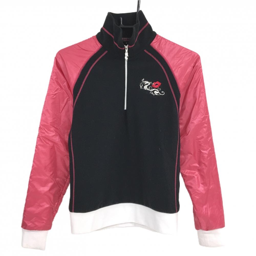 ダンスウィズドラゴン 長袖ハイネックシャツ 黒×レッド系 袖切替 身頃起毛素材  レディース 2(M) ゴルフウェア Dance With Dragon