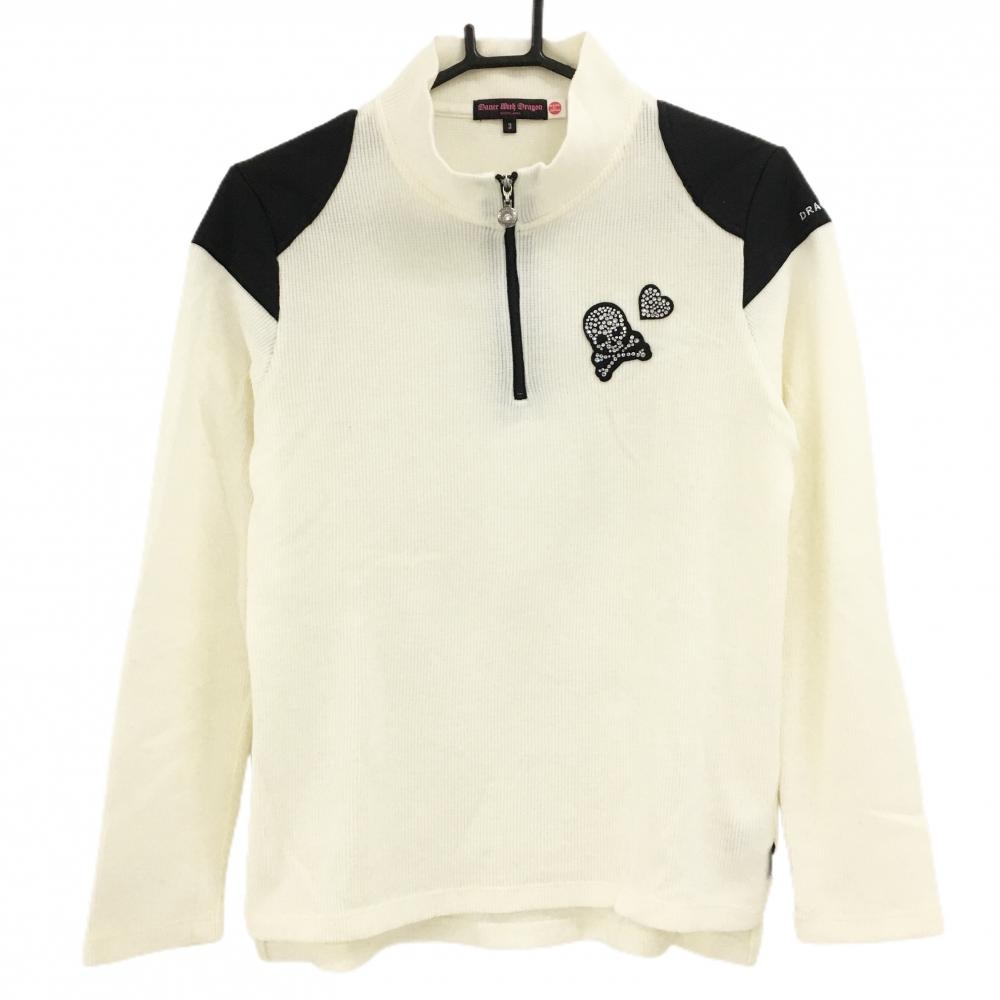 【超美品】ダンスウィズドラゴン 切替長袖ハイネックシャツ アイボリー×黒 ハーフジップ レディース 3(L) ゴルフウェア Dance With Dragon