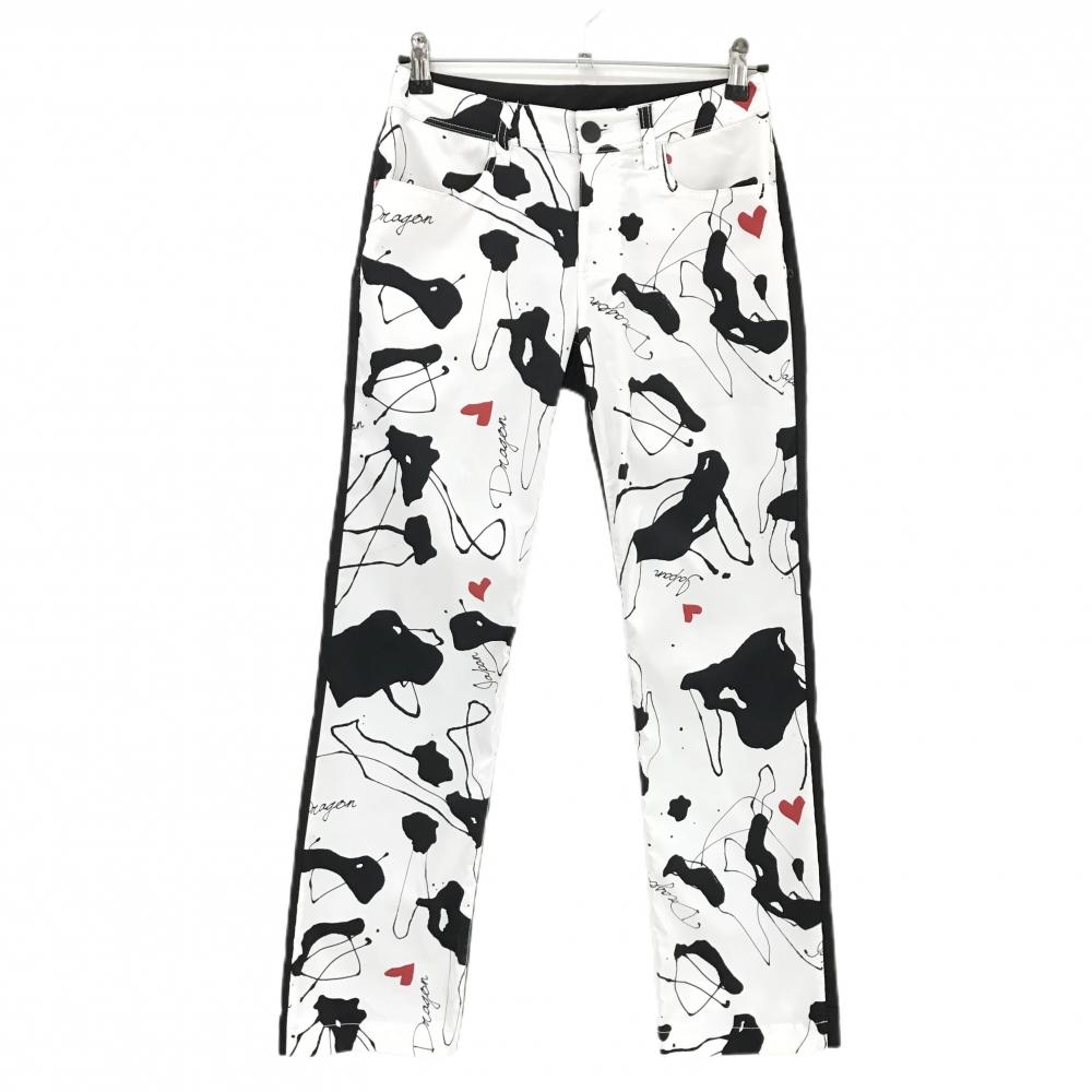 【美品】ダンスウィズドラゴン パンツ 白×黒 前面総柄 ストレッチ レディース 2(M) ゴルフウェア Dance With Dragon