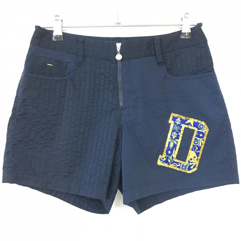 【美品】Dance With Dragon ダンスウィズドラゴン ショートパンツ ネイビー×ゴールド サッカー生地  レディース 2(M) ゴルフウェア