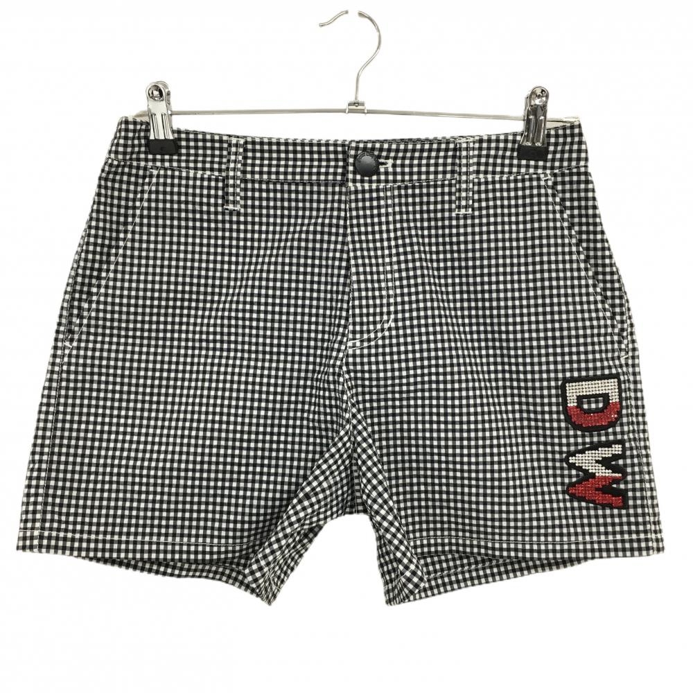 【超美品】ダンスウィズドラゴン ショートパンツ 黒×白 チェック ラインストーンロゴ レディース 3(L) ゴルフウェア Dance With Dragon