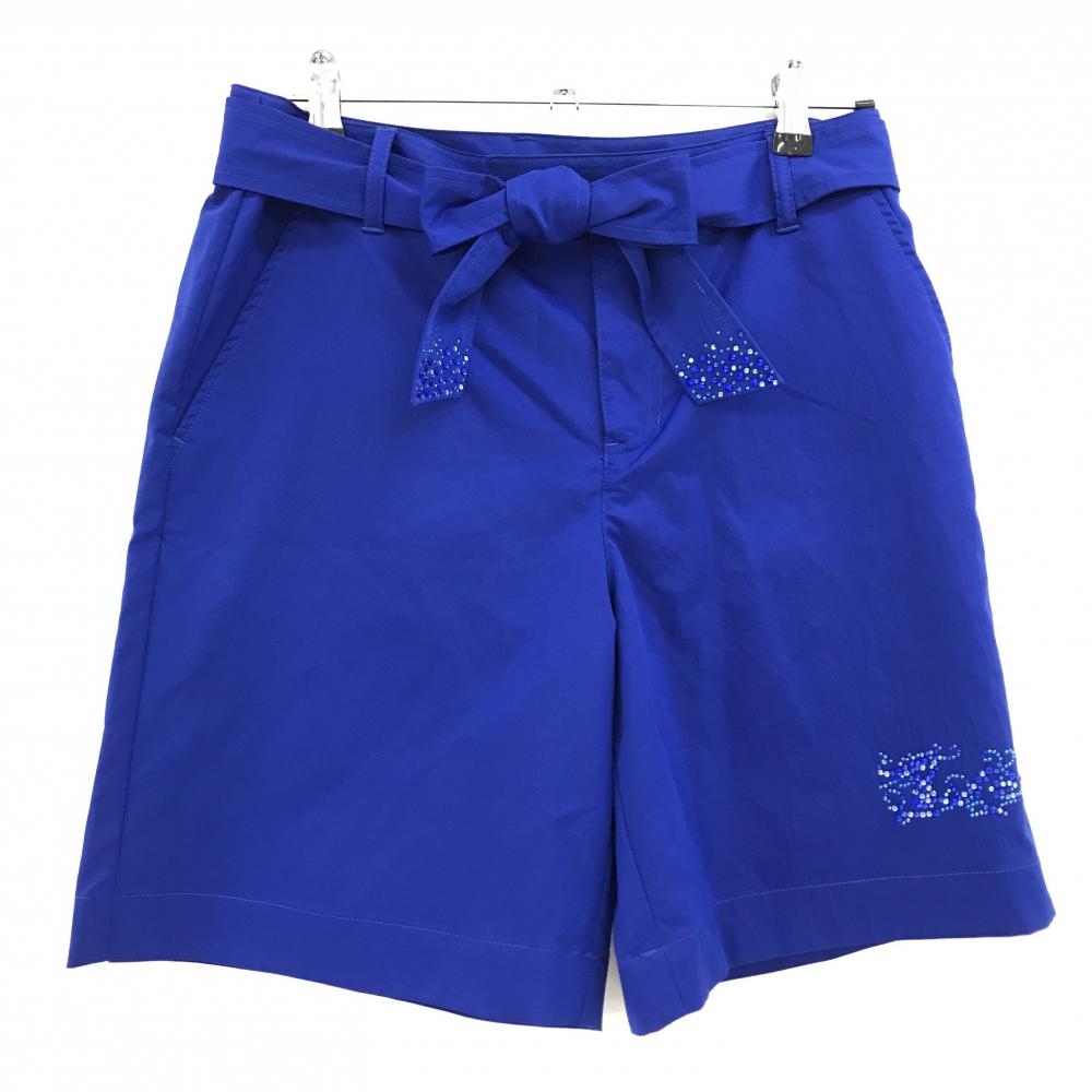 【超美品】ダンスウィズドラゴン ハーフパンツ ブルー 共布ベルト付 ラインストーンロゴ レディース 3(L) ゴルフウェア Dance With Dragon
