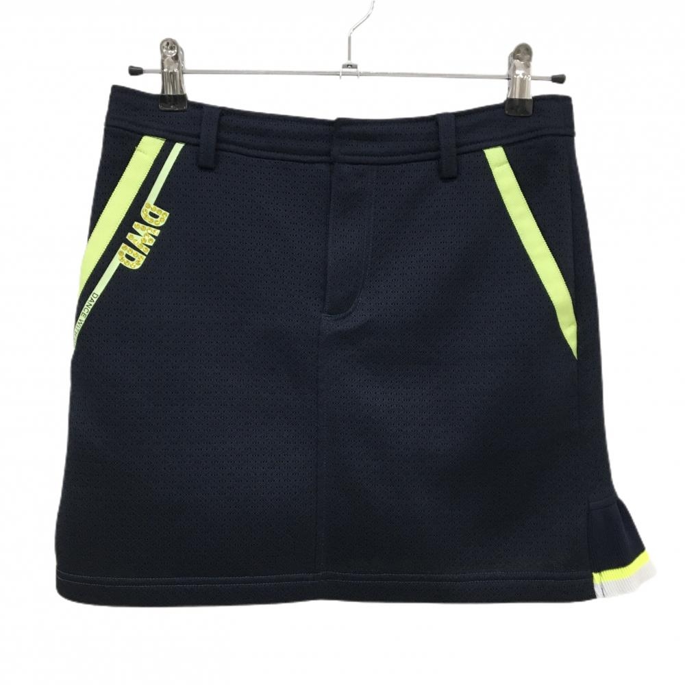 【超美品】ダンスウィズドラゴン スカート ネイビー×イエロー 織生地 後裾ニット  レディース 2(Ｍ) ゴルフウェア Dance With Dragon