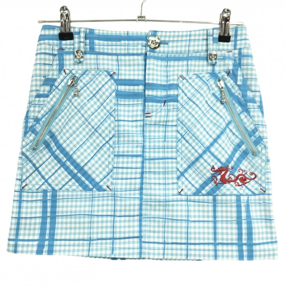 【美品】ダンスウィズドラゴン スカート ライトブルー×白 ギンガムチェック ロゴレッド レディース 1(S) ゴルフウェア Dance With Dragon