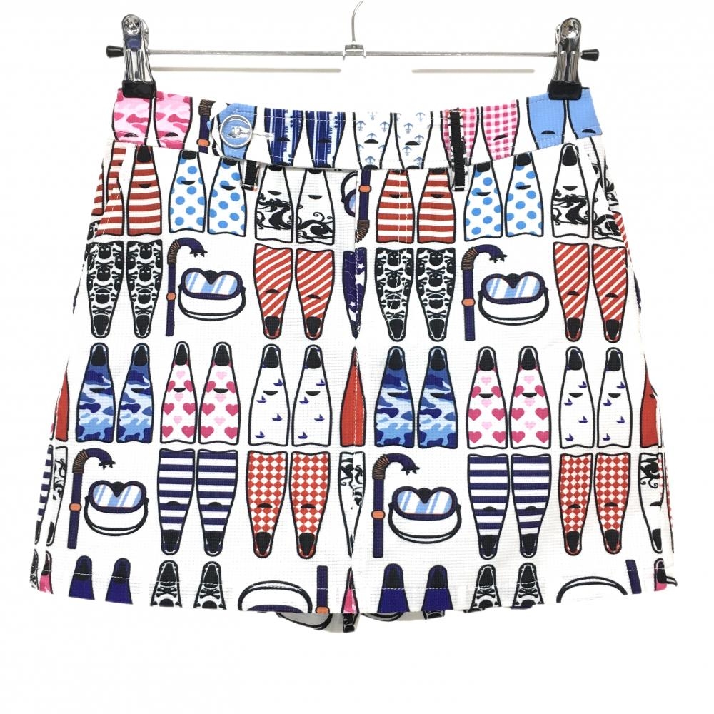 【美品】ダンスウィズドラゴン キュロットスカート 白×レッド×ブルー 総柄 レディース 1(S) ゴルフウェア Dance With Dragon
