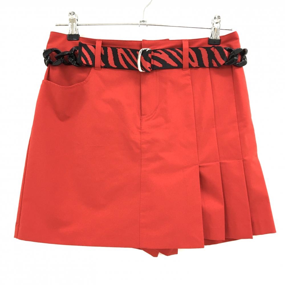 【超美品】ダンスウィズドラゴン キュロットスカート レッド×黒 ベルト付 レディース 2(M) ゴルフウェア Dance With Dragon