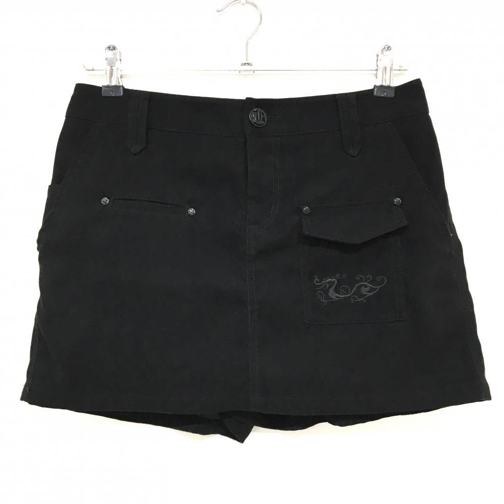 【美品】ダンスウィズドラゴン キュロットスカート 黒 ロゴ刺しゅう 複数ポケット  レディース 2(M) ゴルフウェア Dance With Dragon