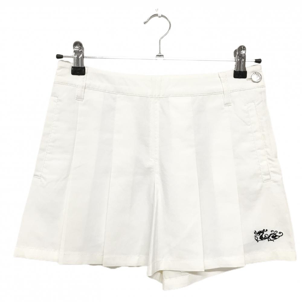 【美品】ダンスウィズドラゴン キュロットスカート 白 前プリーツ ロゴ刺しゅう レディース 2(M) ゴルフウェア Dance With Dragon
