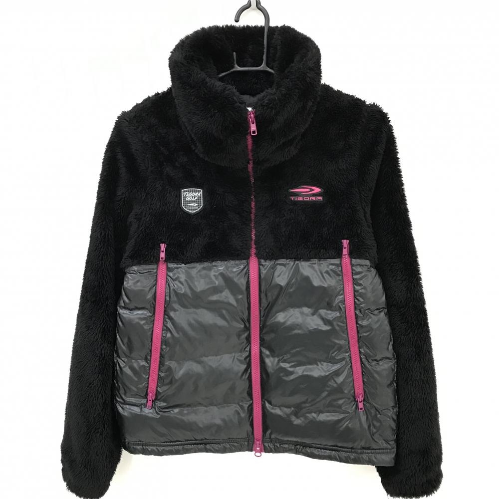 【超美品】ティゴラ ダウンジャケット 黒×ピンク 上部ボア 刺しゅうワッペン レディース M ゴルフウェア TIGORA