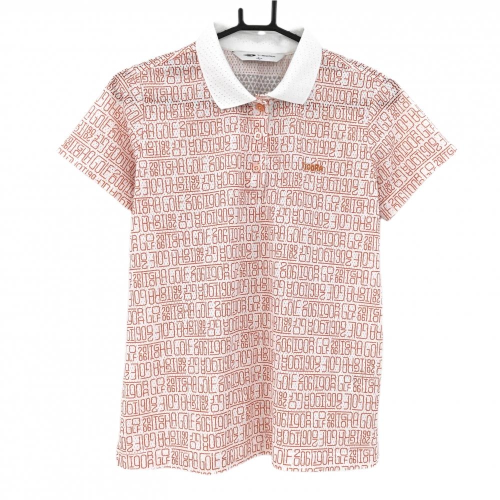 【超美品】ティゴラ 半袖ポロシャツ 白×オレンジ ロゴ総柄 メッシュ生地 襟パンチング レディース L ゴルフウェア TIGORA