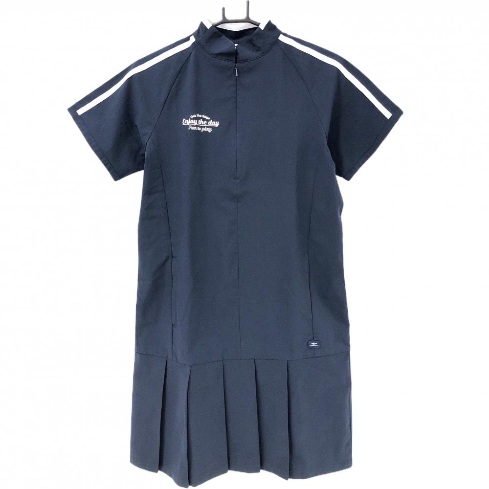 【美品】ティゴラ 半袖ハイネックワンピース ネイビー×白 袖ライン ハーフジップ 裾プリーツ  レディース M ゴルフウェア TIGORA
