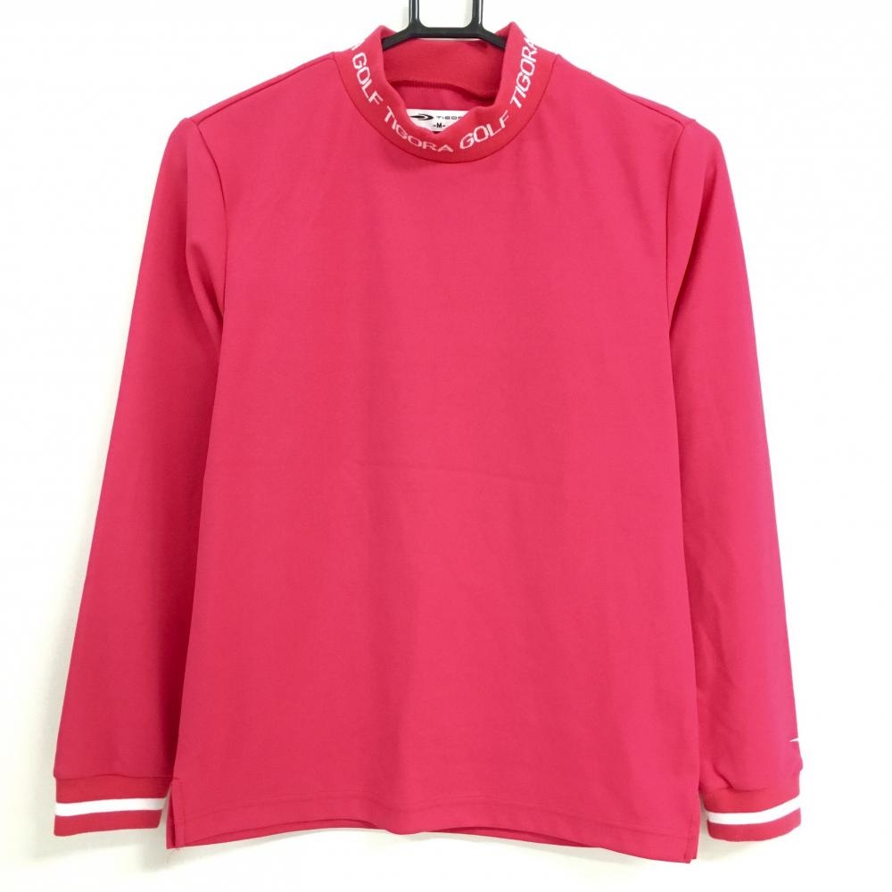 【美品】ティゴラ 長袖ハイネックシャツ ピンク×白 ネックロゴ レディース M ゴルフウェア TIGORA