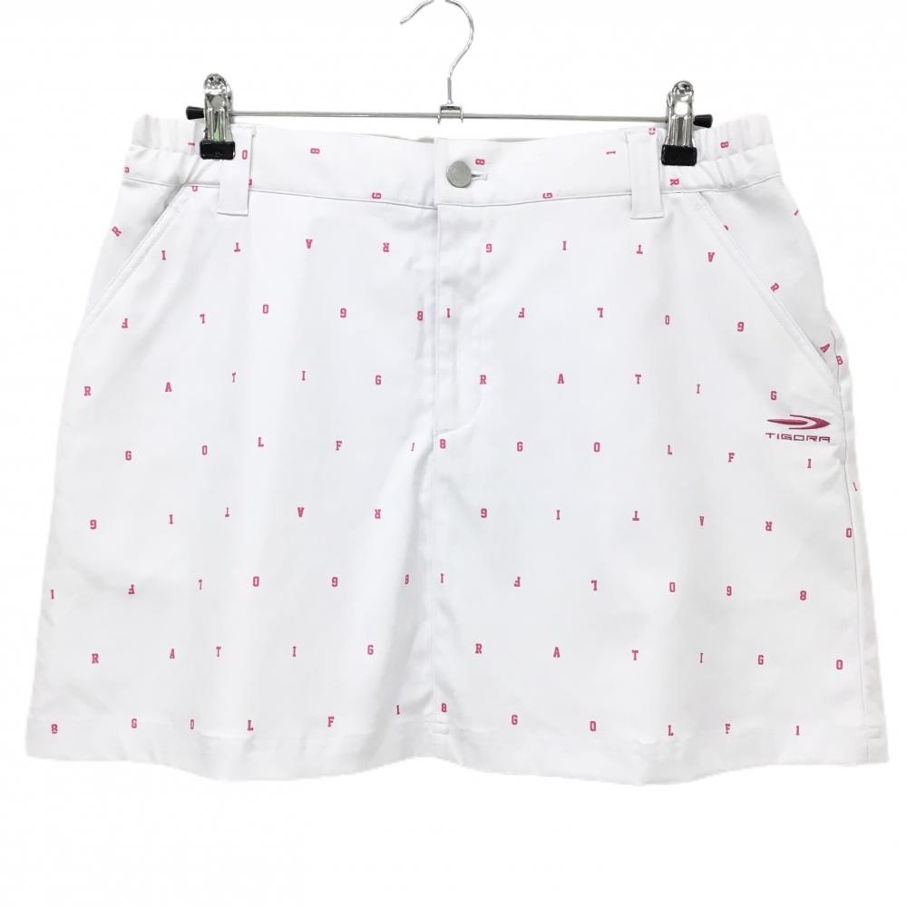 【美品】ティゴラ スカート 白×ピンク アルファベット総柄 ストレッチ 裏地付き レディース LL ゴルフウェア TIGORA