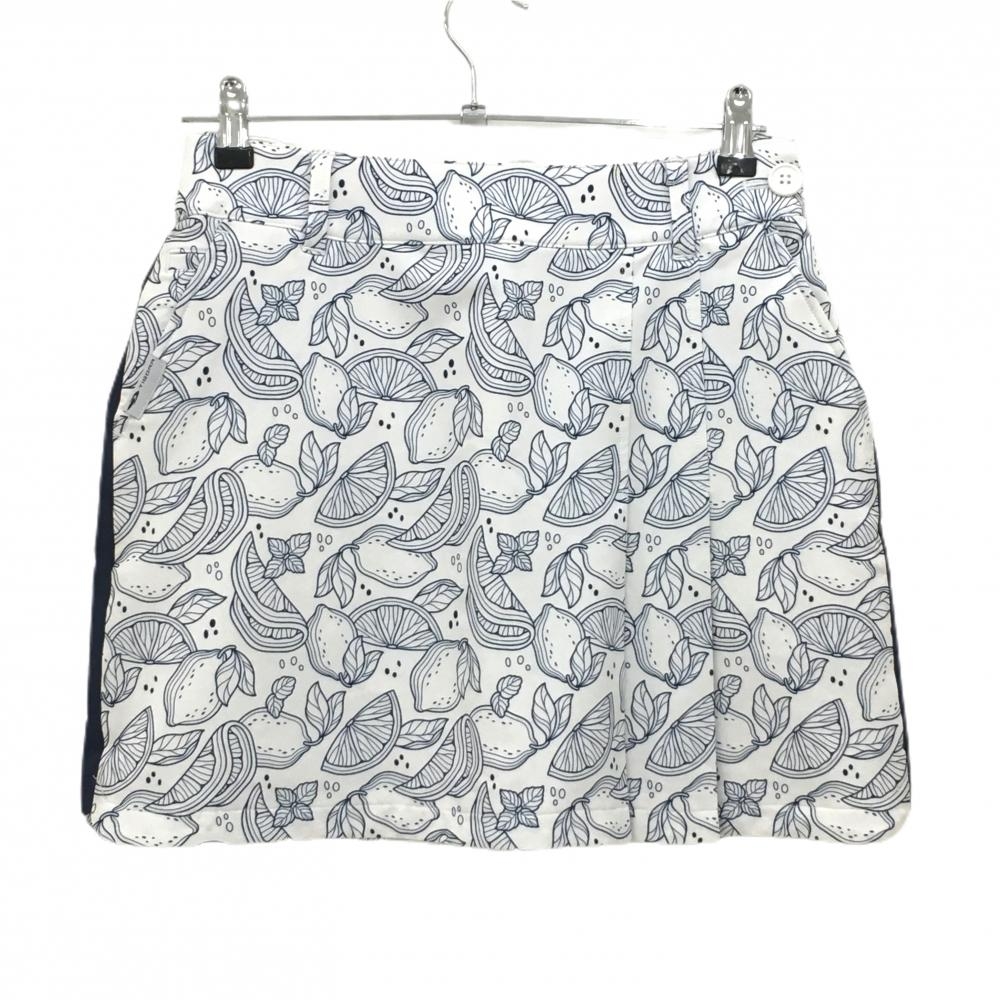 【美品】ティゴラ スカート 白×ネイビー 果実柄 後ろウエストゴム 一部プリーツ 裏地付き レディース 9 ゴルフウェア TIGORA