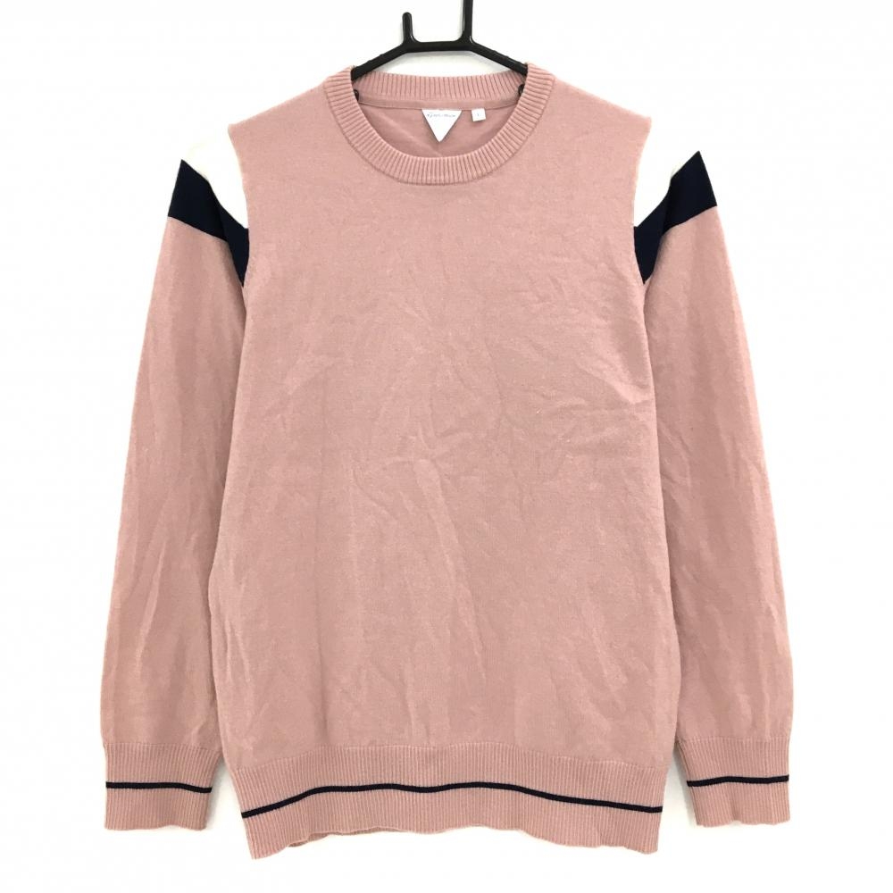 【美品】テーラーメイド セーター スモーキーピンク×ネイビー×白 袖口・裾ライン ウール混 ニット レディース L ゴルフウェア TaylorMade