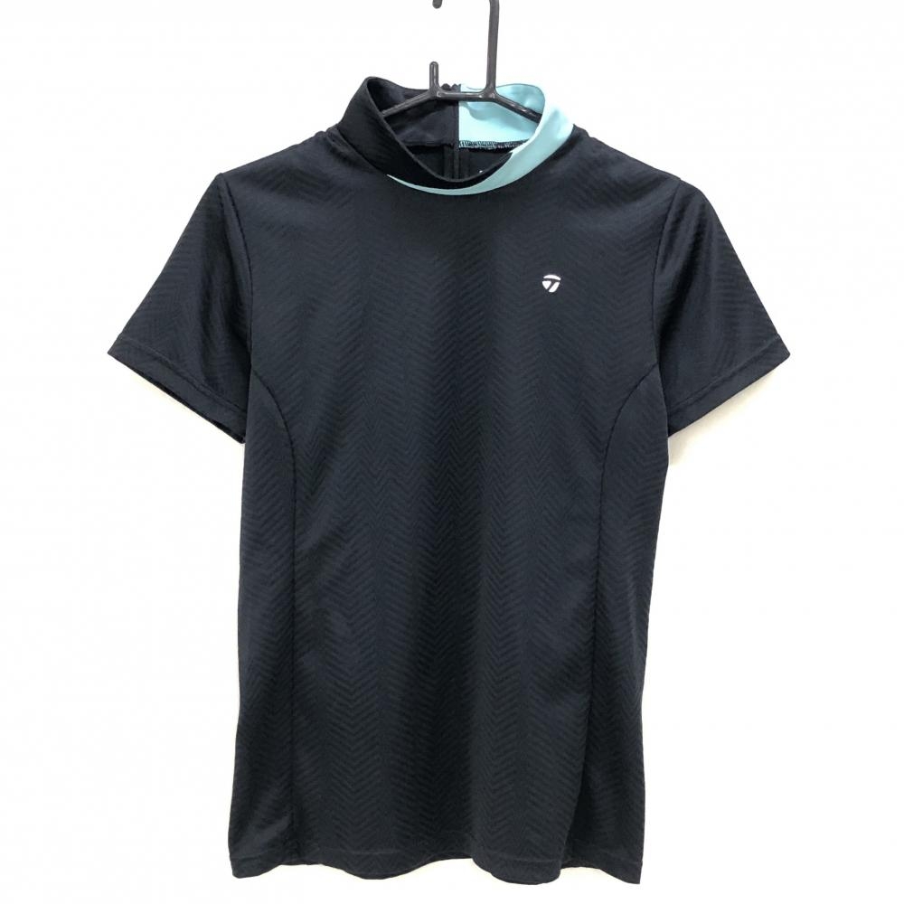 【美品】テーラーメイド 半袖ハイネックシャツ 黒×ライトブルー 地模様 バックジップ レディース O ゴルフウェア TaylorMade