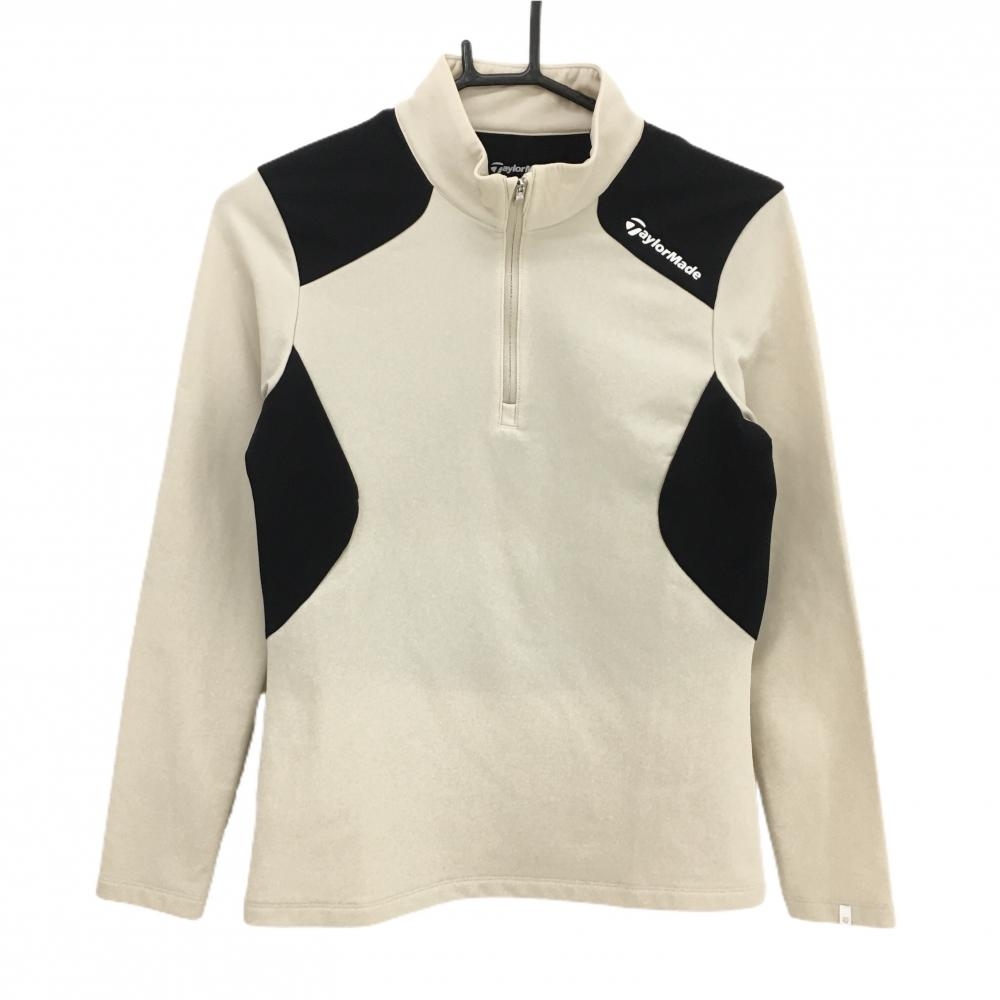 【美品】テーラーメイド 長袖ハイネックシャツ ライトベージュ×黒 裏微起毛 ハーフジップ 肩ロゴ レディース M ゴルフウェア TaylorMade