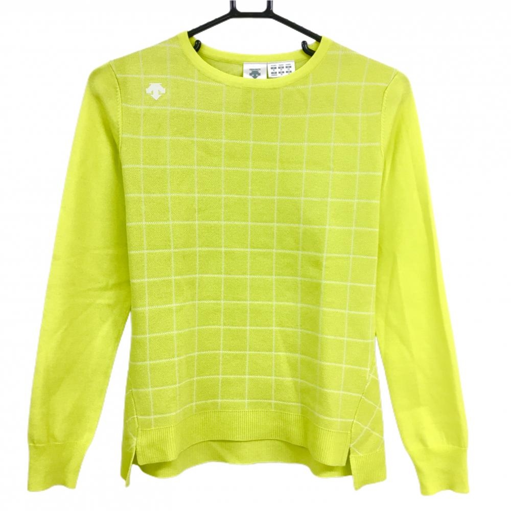 【超美品】デサントゴルフ セーター ライムグリーン×白 格子柄 肩ロゴ 中田英寿 レディース M ゴルフウェア DESCENTE