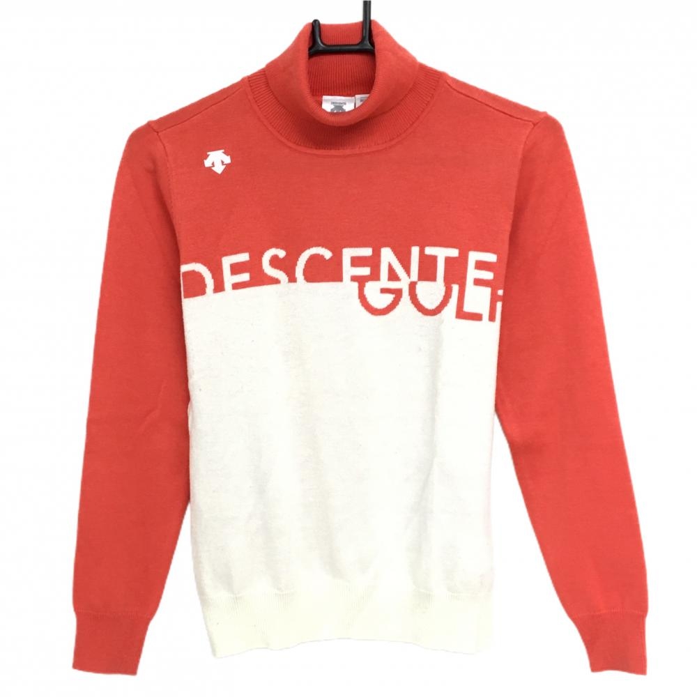 デサントゴルフ タートルネックセーター 白×オレンジ系 ビッグロゴ ニット 中田英寿 レディース M ゴルフウェア DESCENTE