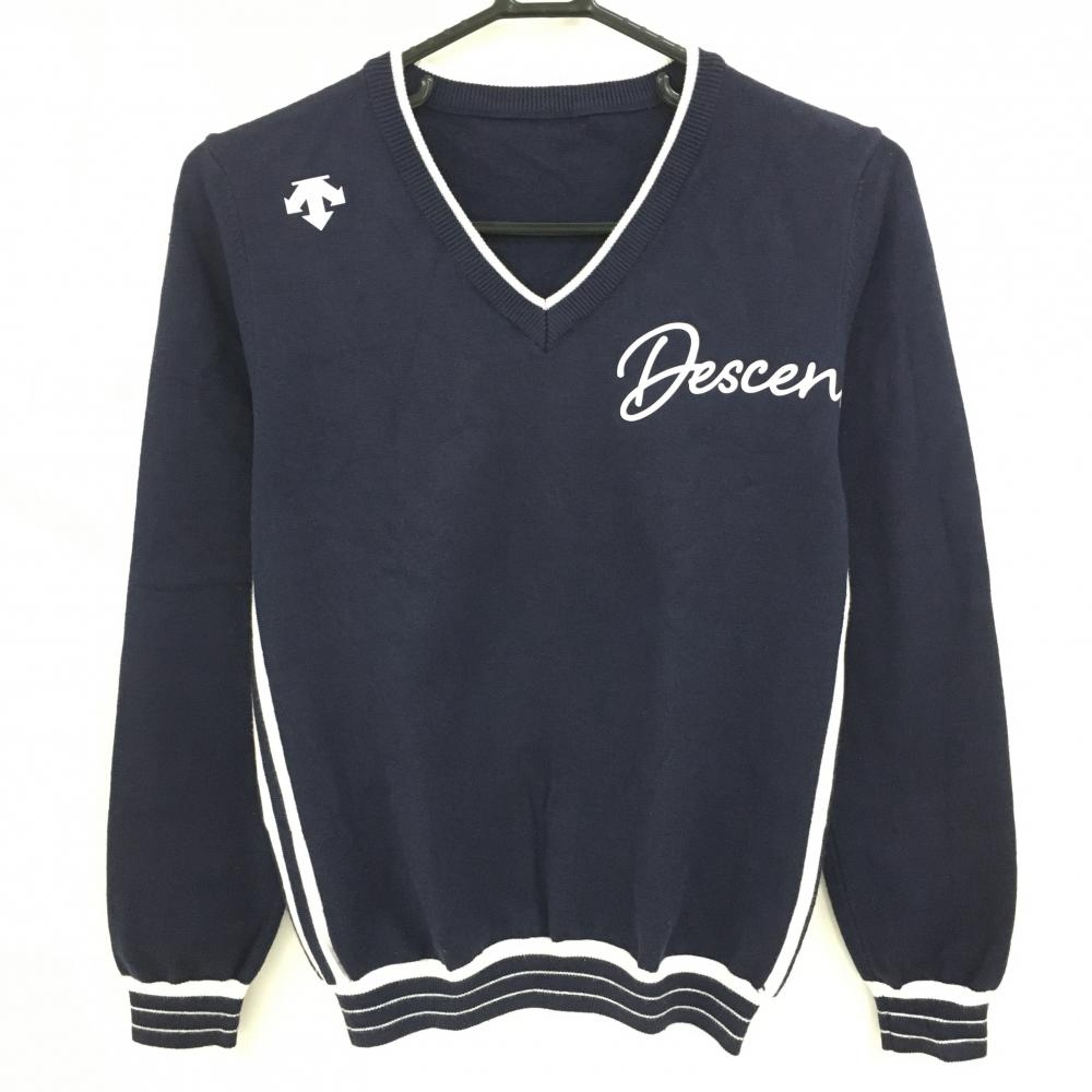 デサント セーター ネイビー×白 Vネック ロゴプリント レディース L ゴルフウェア DESCENTE