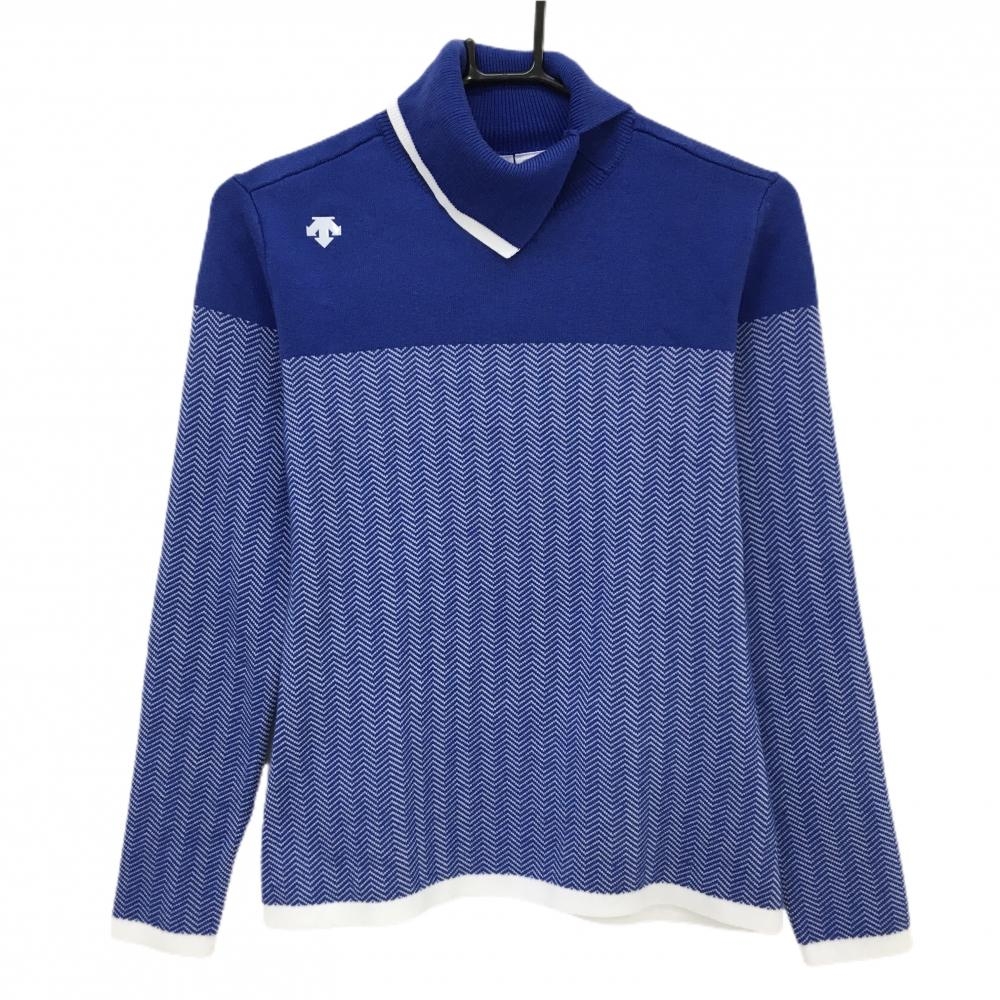 【超美品】デサントゴルフ タートルネックセーター ブルー×白 ヘリンボーン柄 ウール混 ニット レディース M ゴルフウェア DESCENTE
