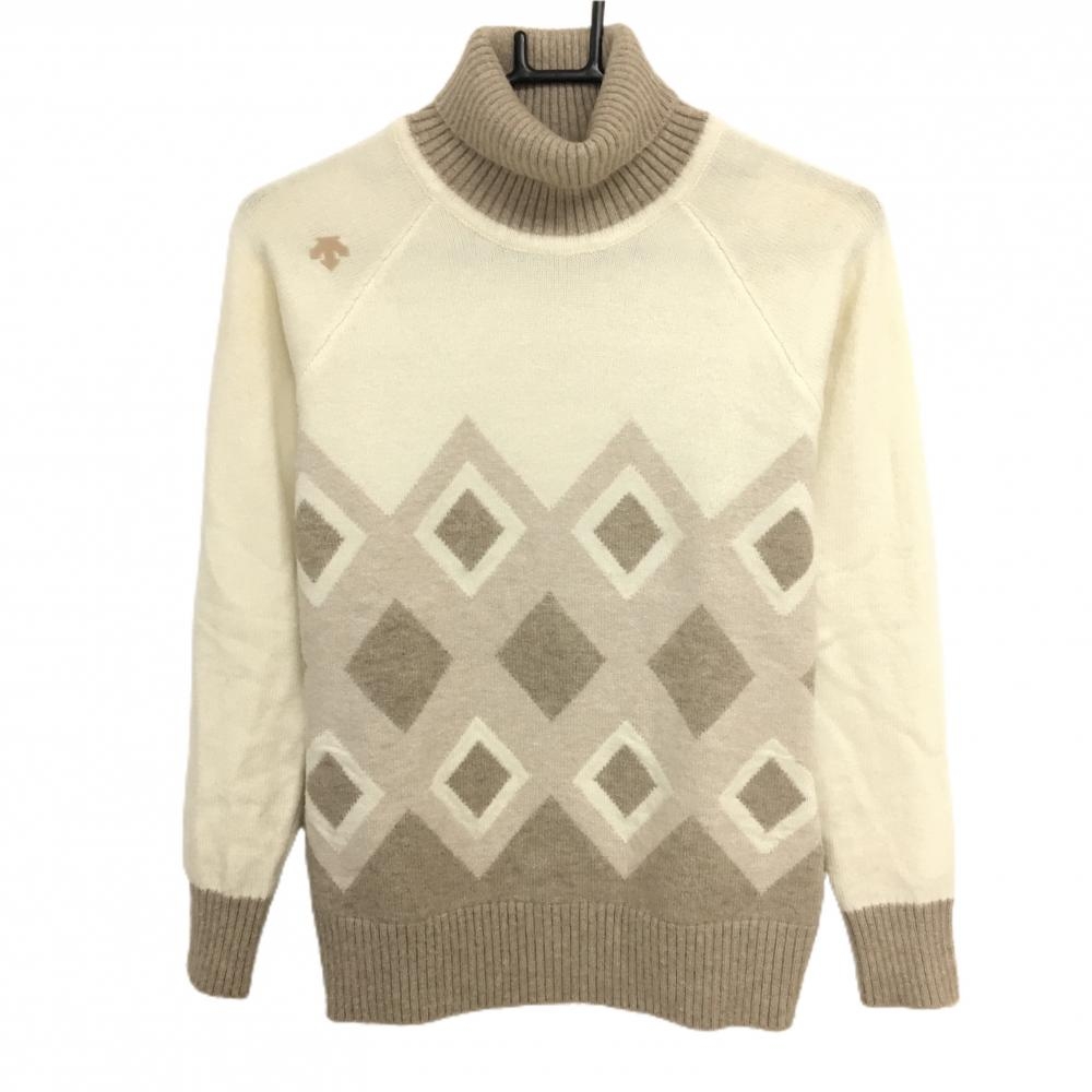 【美品】デサントゴルフ タートルネックセーター 白×ベージュ 前面ダイヤ調柄 ニット 中田英寿 レディース S ゴルフウェア DESCENTE