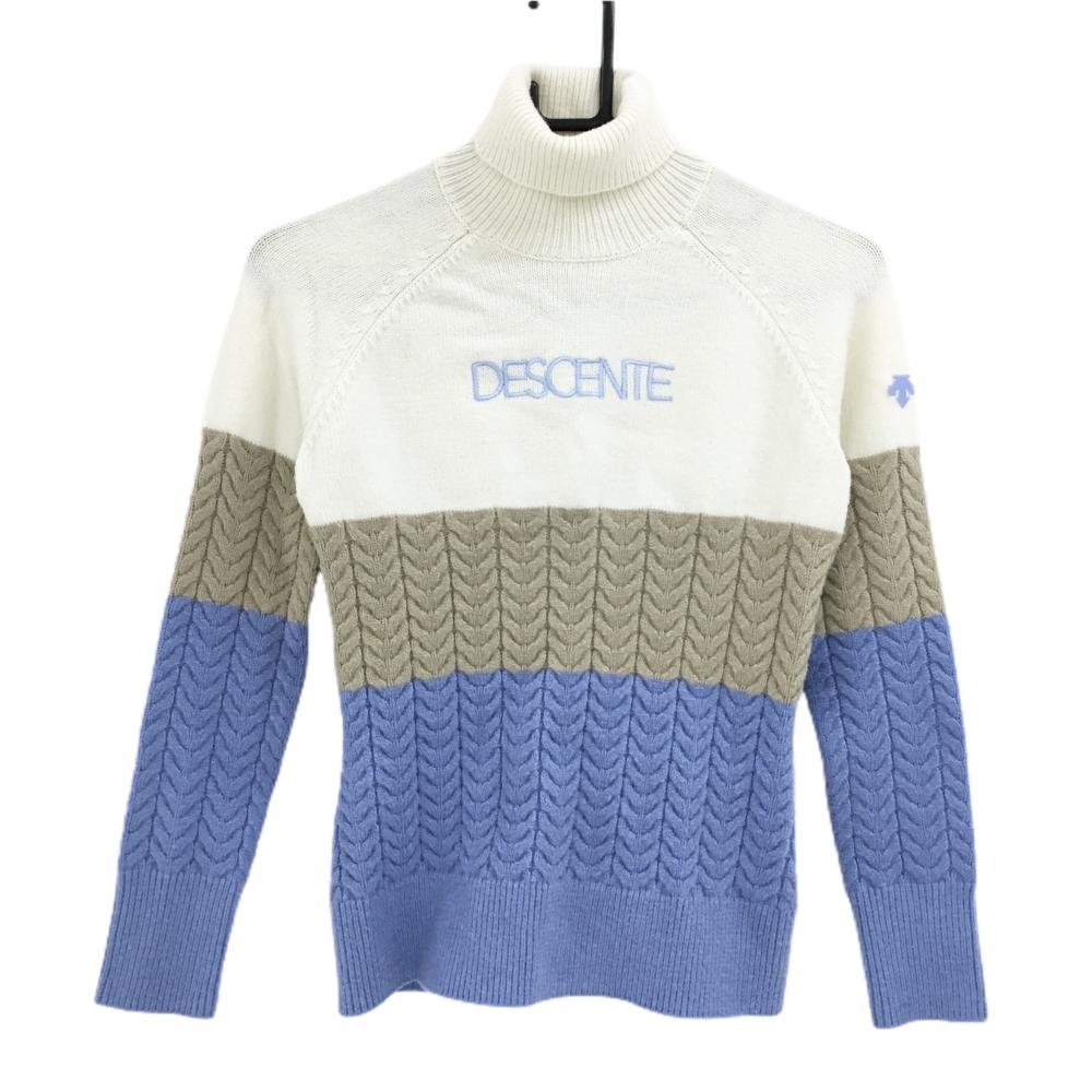 【美品】デサントゴルフ タートルネックセーター 白×ベージュ×ライトブルー  レディース S ゴルフウェア DESCENTE