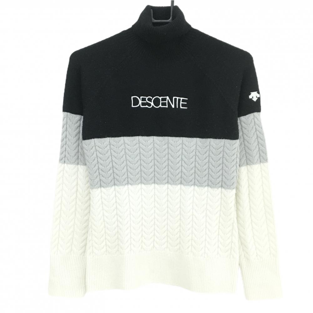 デサントゴルフ タートルネックセーター 白×グレー×黒 ニット ロゴ刺しゅう 中田英寿  レディース M ゴルフウェア DESCENTE