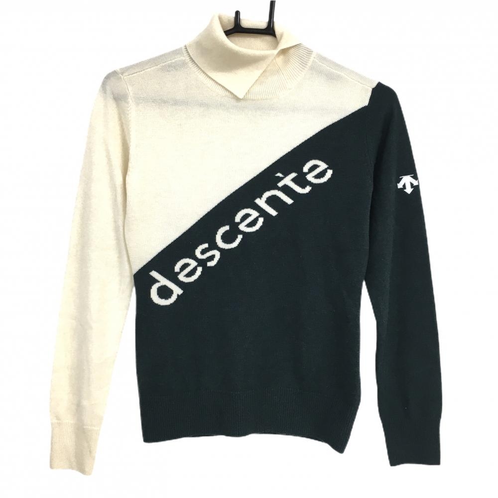 【美品】デサントゴルフ ハイネックセーター グリーン×アイボリー ウール混 中田英寿 ニット  レディース S ゴルフウェア DESCENTE