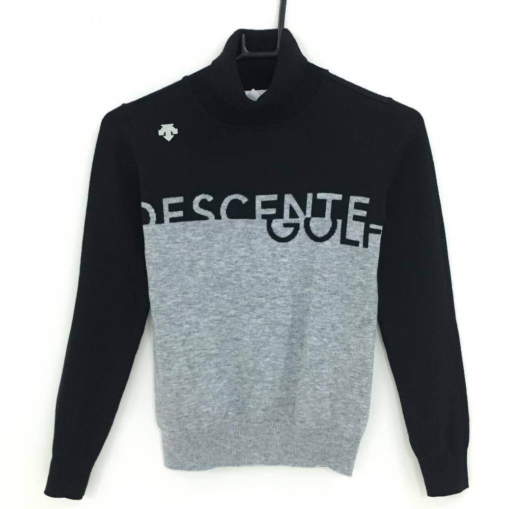 デサントゴルフ タートルネックセーター 黒×グレー 肩ロゴ ウール混 ニット 中田英寿  レディース S ゴルフウェア DESCENTE