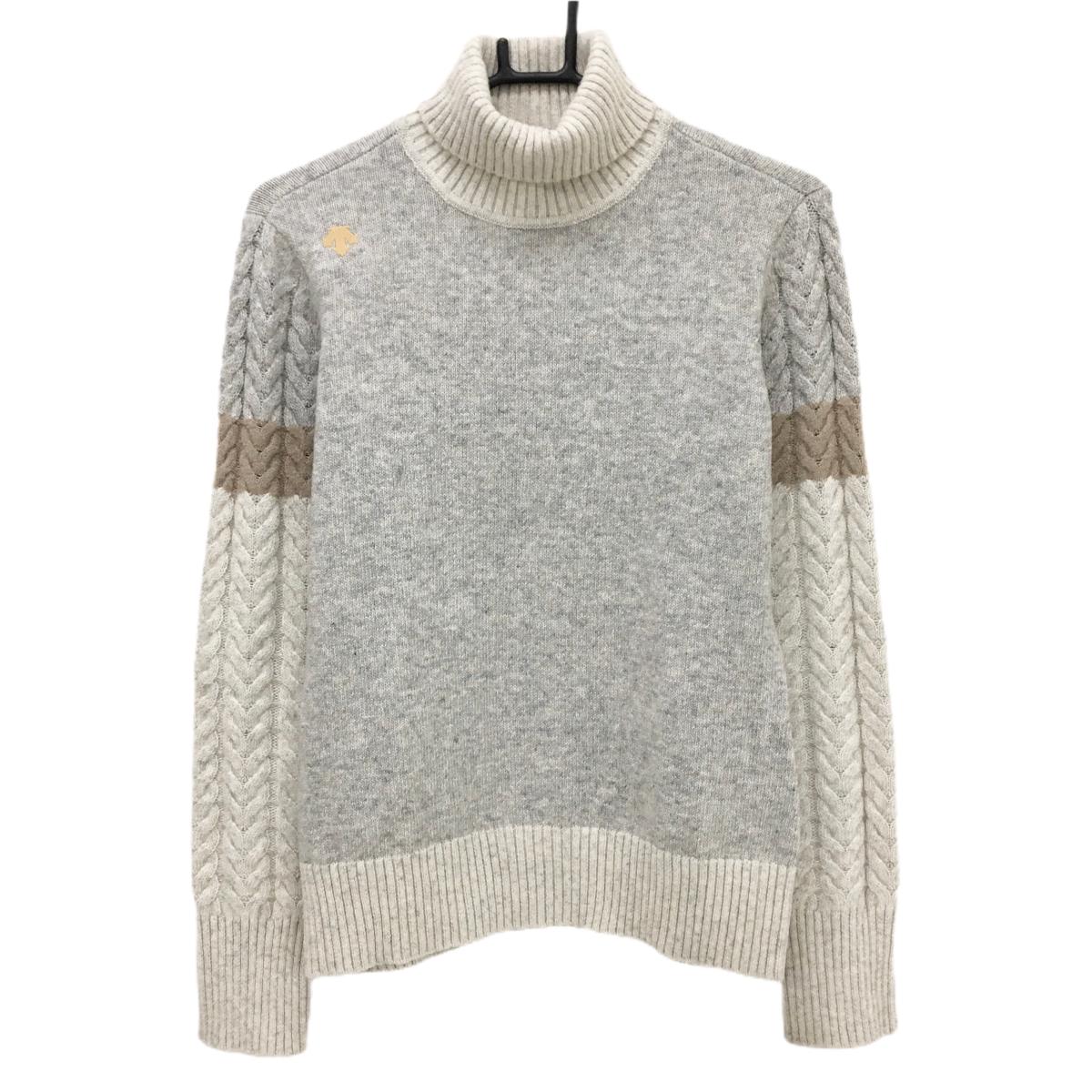 【美品】デサントゴルフ タートルネックセーター グレー×ベージュ ケーブル編み 中田英寿 ニット レディース L ゴルフウェア DESCENTE