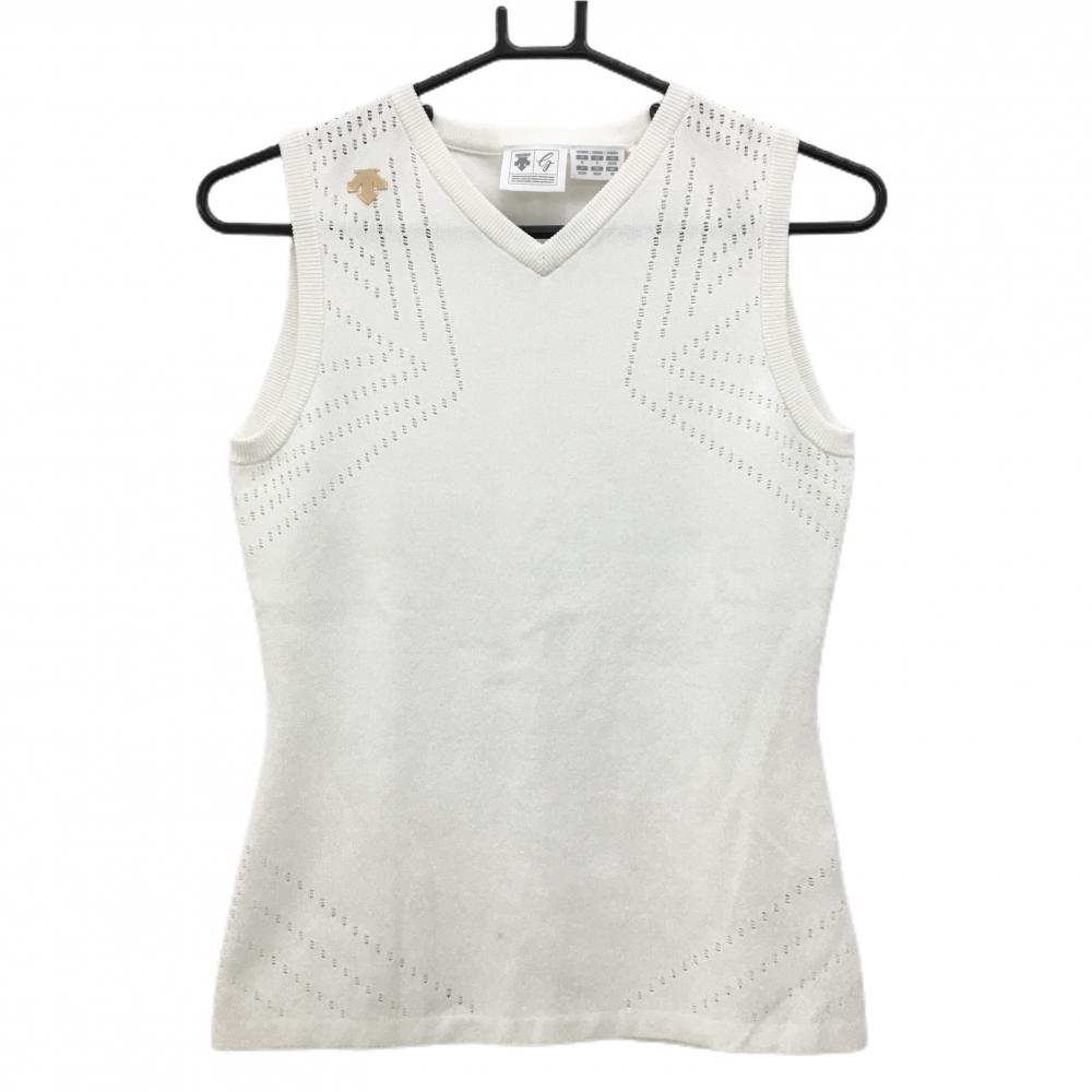 【美品】デサントゴルフ ニットベスト 白 ロゴゴールド 一部透かし編み 中田英寿 レディース M ゴルフウェア DESCENTE