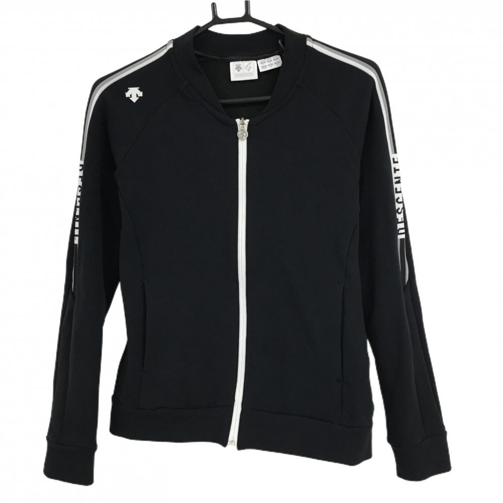 【美品】デサントゴルフ ジャケット 黒×白 袖ライン 胸元ロゴ 中田英寿 裏起毛  レディース L ゴルフウェア DESCENTE