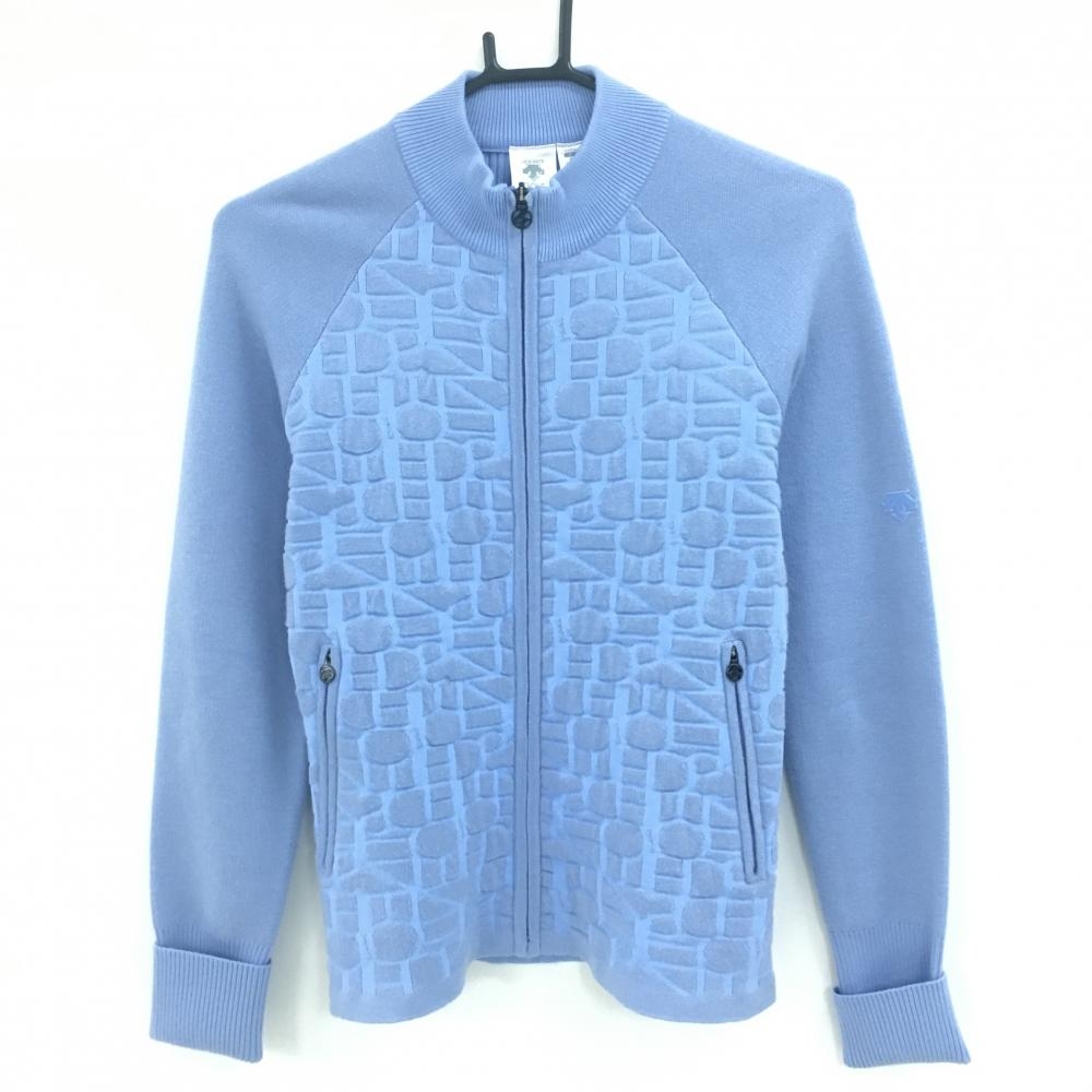 【美品】デサントゴルフ ニットジャケット ライトブルー 前身頃総柄 ウール混 中田英寿 レディース M ゴルフウェア DESCENTE
