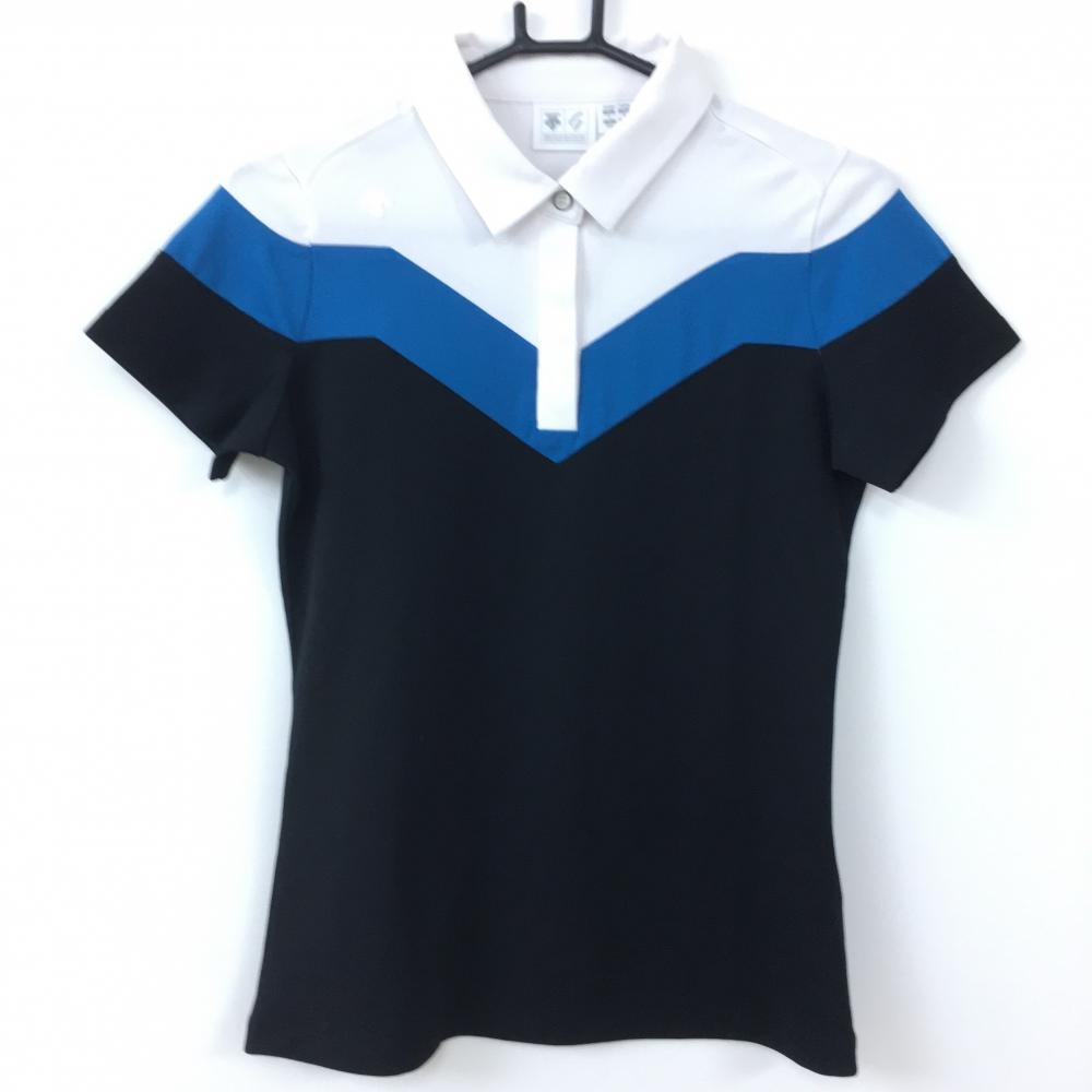 【超美品】DESCENTE デサント 半袖ポロシャツ ネイビー×白 カッティングデザイン レディース L ゴルフウェア