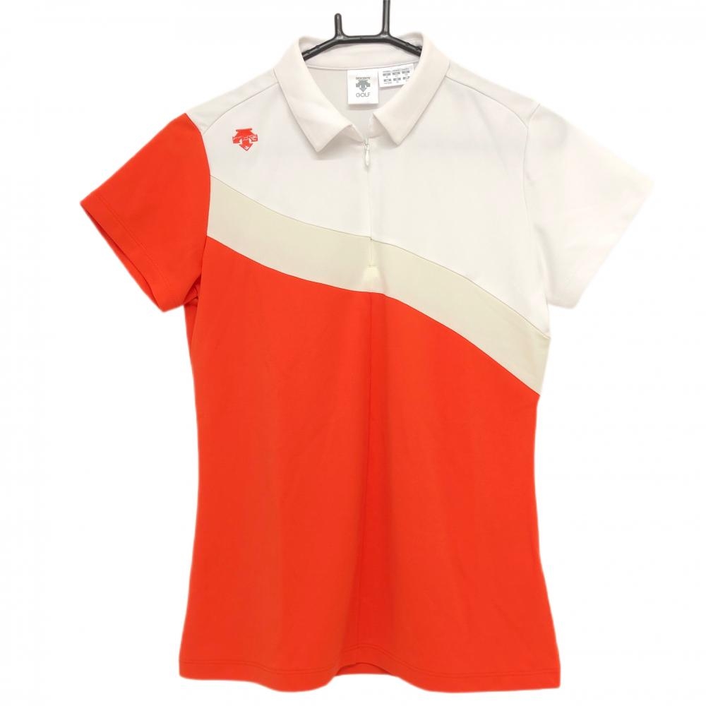 超美品】デサントゴルフ 半袖ポロシャツ 白×オレンジ ハーフジップ