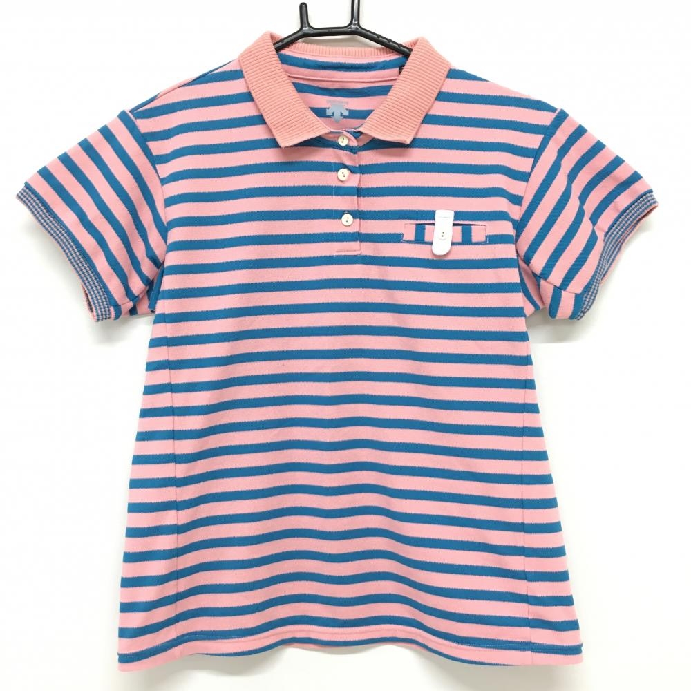 デサント 半袖ポロシャツ ピンク×ブルー ボーダー柄 胸ポケットボタン  レディース O ゴルフウェア DESCENTE