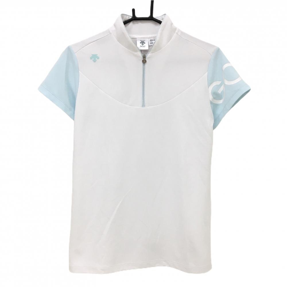【超美品】デサントゴルフ 半袖ポロシャツ 白×ライトブルー スタンドカラー  レディース L ゴルフウェア DESCENTE