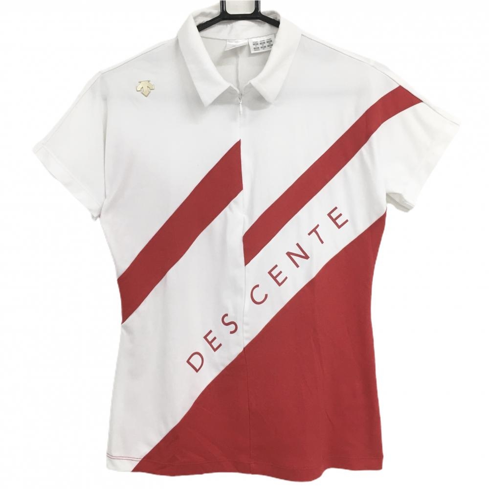 デサントゴルフ 半袖ポロシャツ 白×レッド バイカラー ハーフジップ 中田英寿 レディース M ゴルフウェア DESCENTE