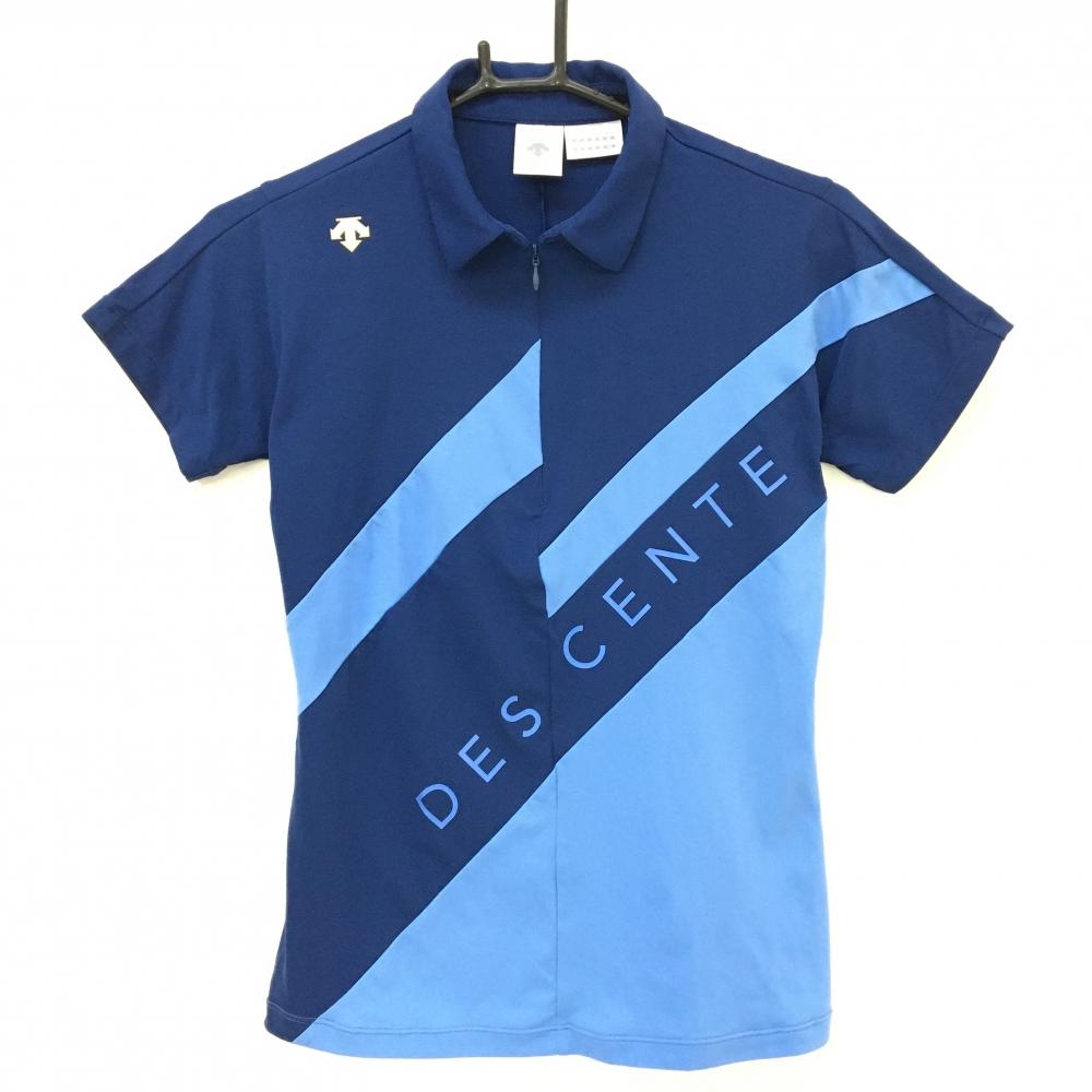 デサントゴルフ 半袖ポロシャツ ネイビー×ライトブルー 切替 ハーフジップ レディース S ゴルフウェア DESCENTE