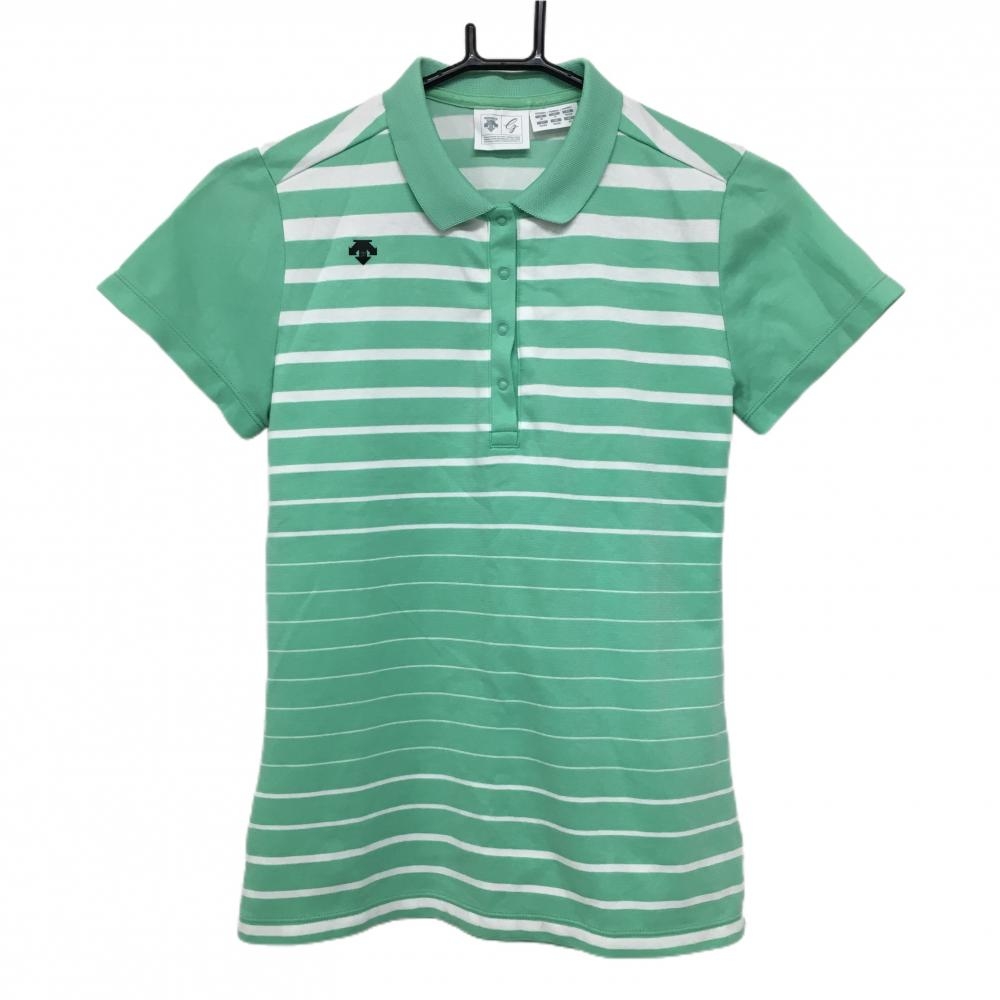 【美品】デサントゴルフ 半袖ポロシャツ ミントグリーン×白 ボーダー柄 肩ロゴ スナップボタン レディース M ゴルフウェア DESCENTE