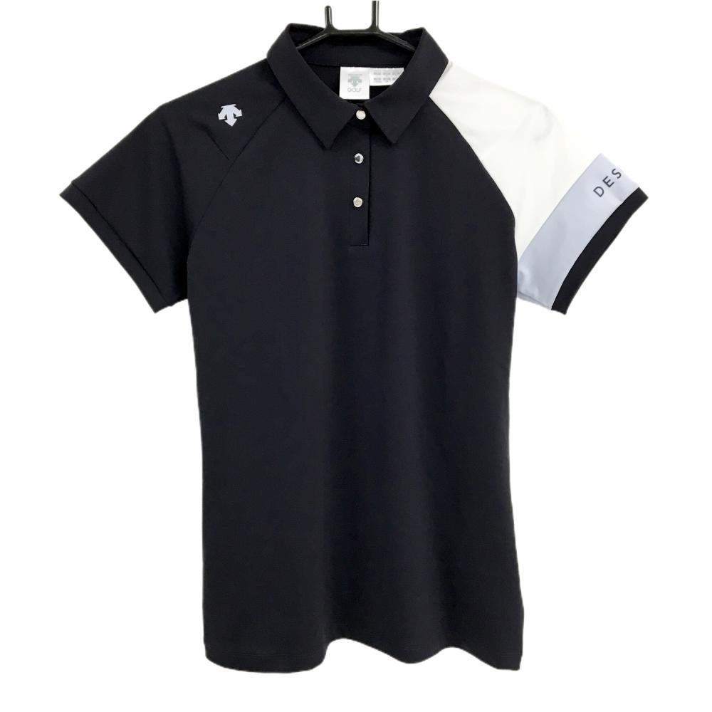 【新品】デサントゴルフ 半袖ポロシャツ ネイビー×白 スナップボタン ストレッチ 吸汗速乾 UVカット レディース L ゴルフウェア DESCENTE