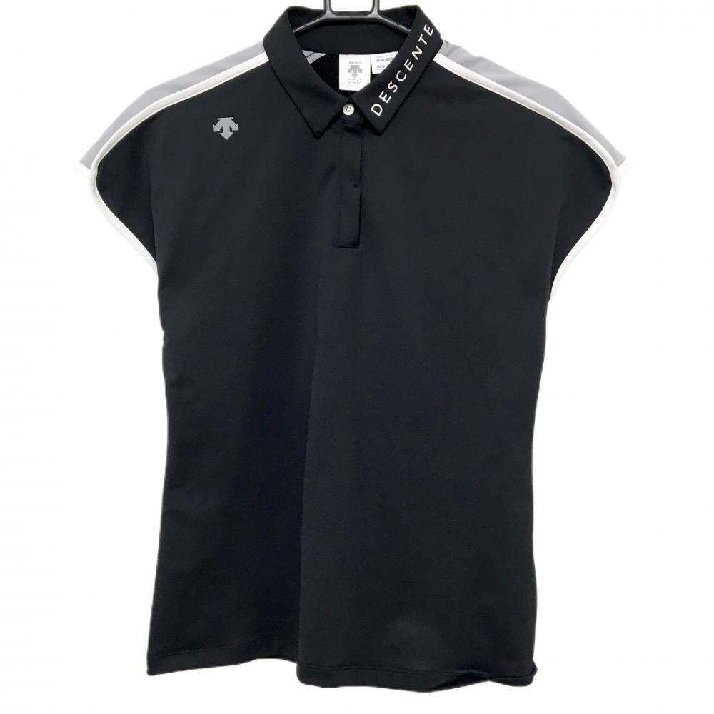 【超美品】デサントゴルフ 半袖ポロシャツ 黒×白 パイピング 襟ロゴ 中田英寿 レディース L ゴルフウェア DESCENTE
